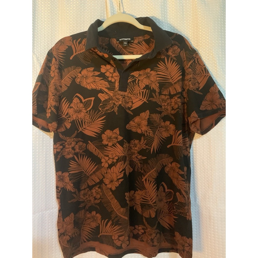 Express‎ Polo Shirt Medium Brown Black Floral Hawaiian Casual Mens
